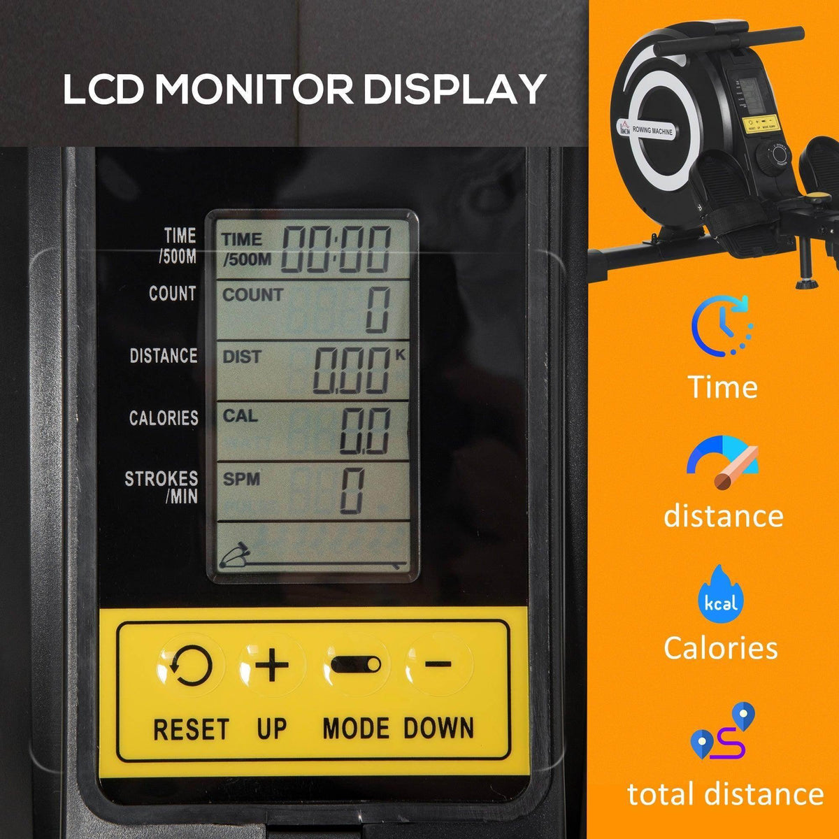 LCD monitor display on magnetic rowing machine with control buttons and metrics readout