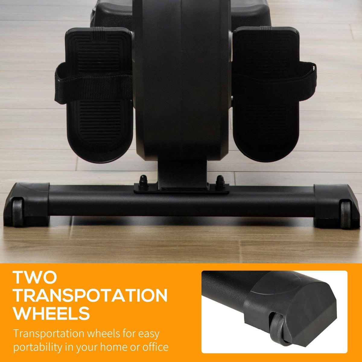 Magnetic rowing machine base with two transport wheels and foldable frame support