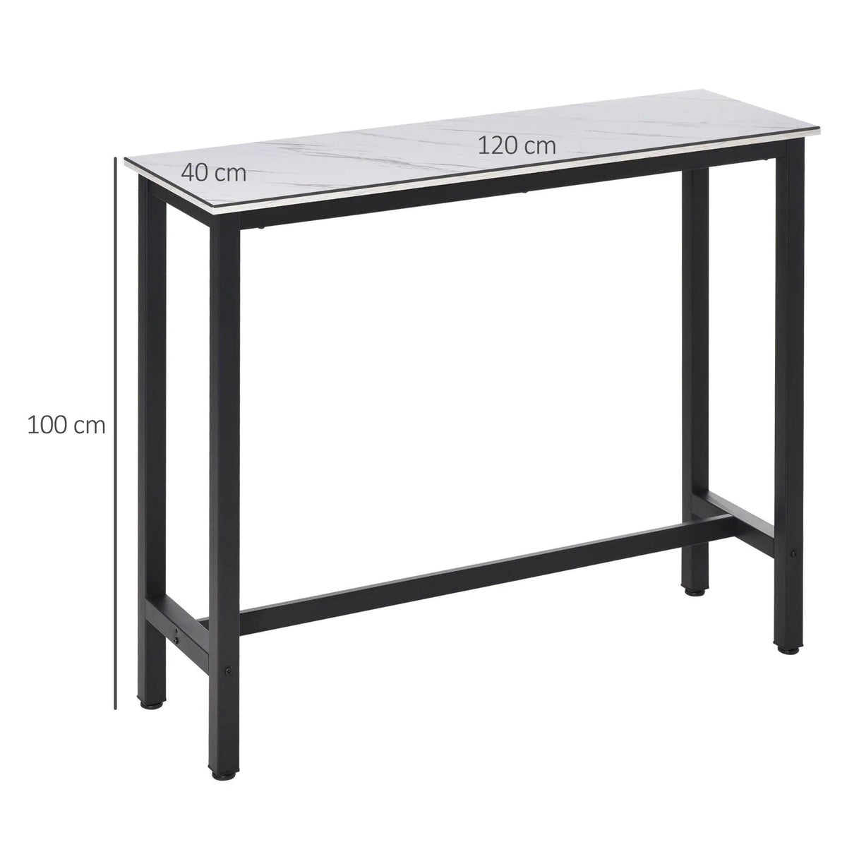 Marble-grain bar table with white top and black frame, 120 cm long