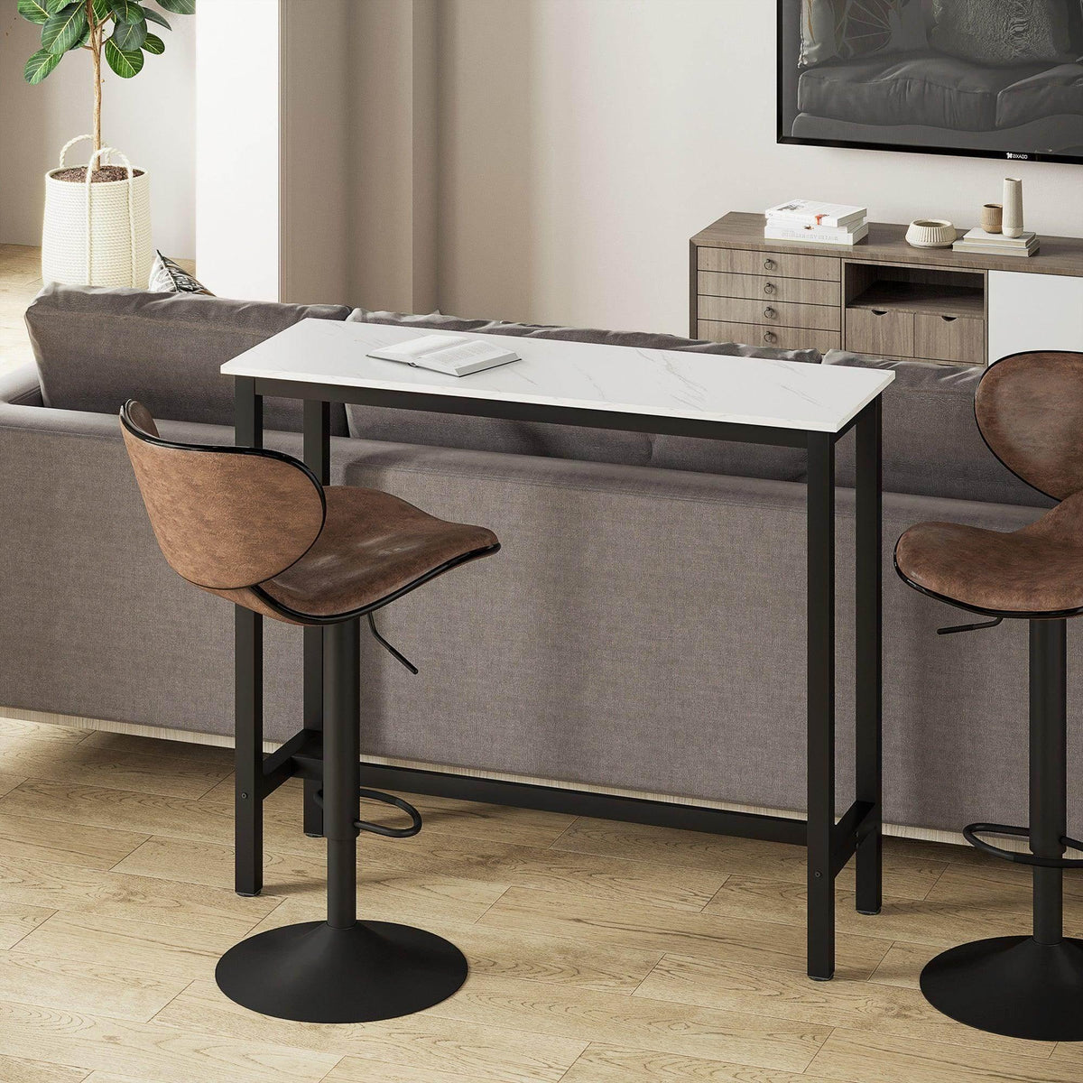 Marble-grain bar table with white top and black legs, designed for bar stools