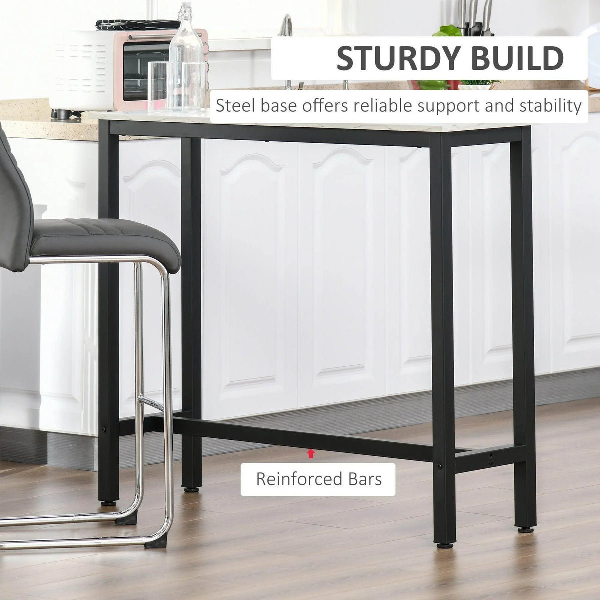 Bar table with white marble-grain top and black steel base with reinforced bars