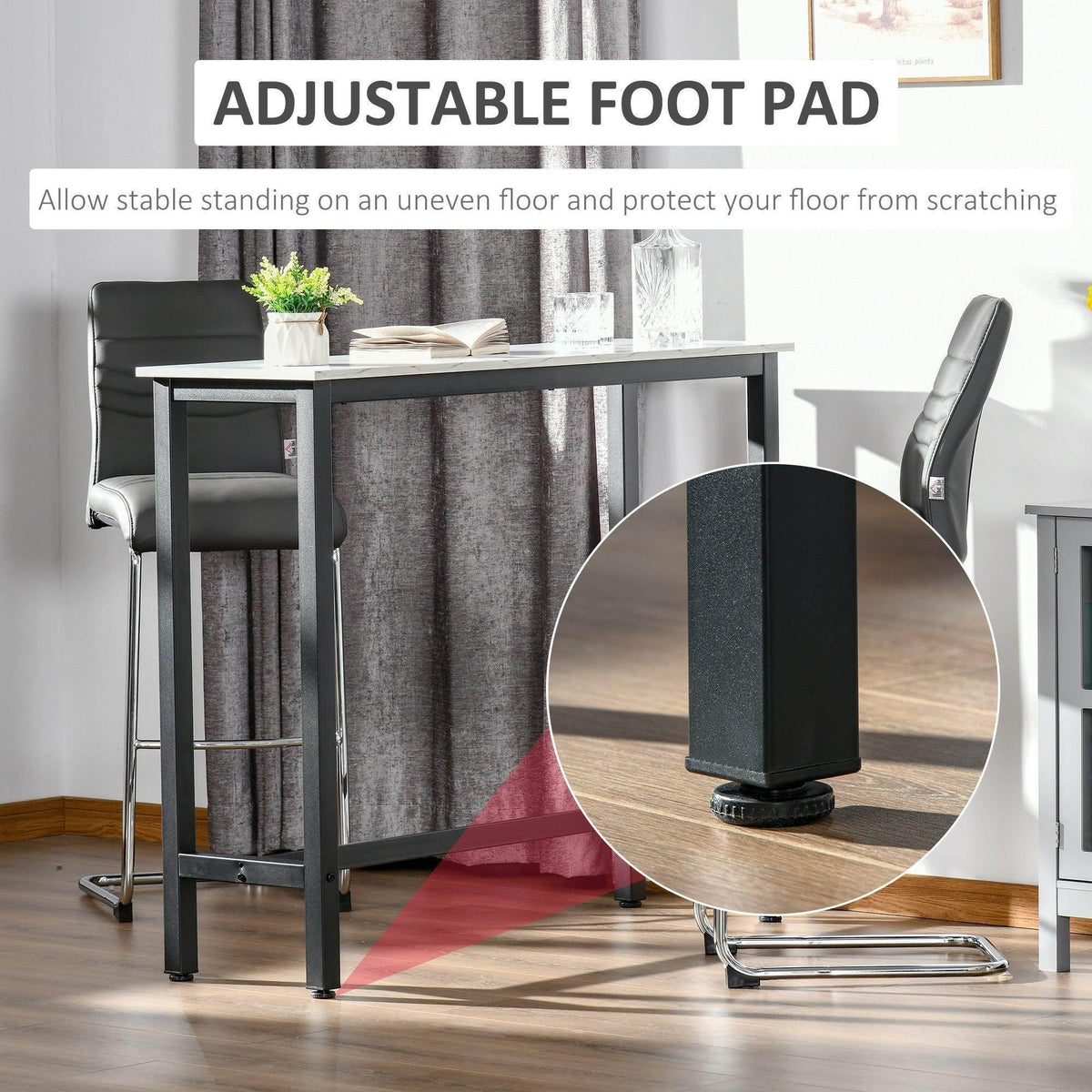 Bar table with adjustable foot pads; white marble-grain top and black frame