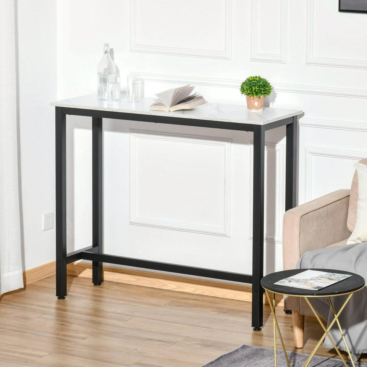 Bar table with white marble-grain top and black frame, for everyday dining
