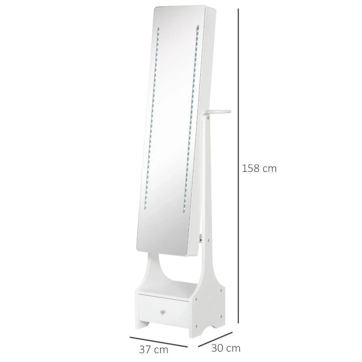 White standing mirror armoire with built-in base and drawer, full-height design
