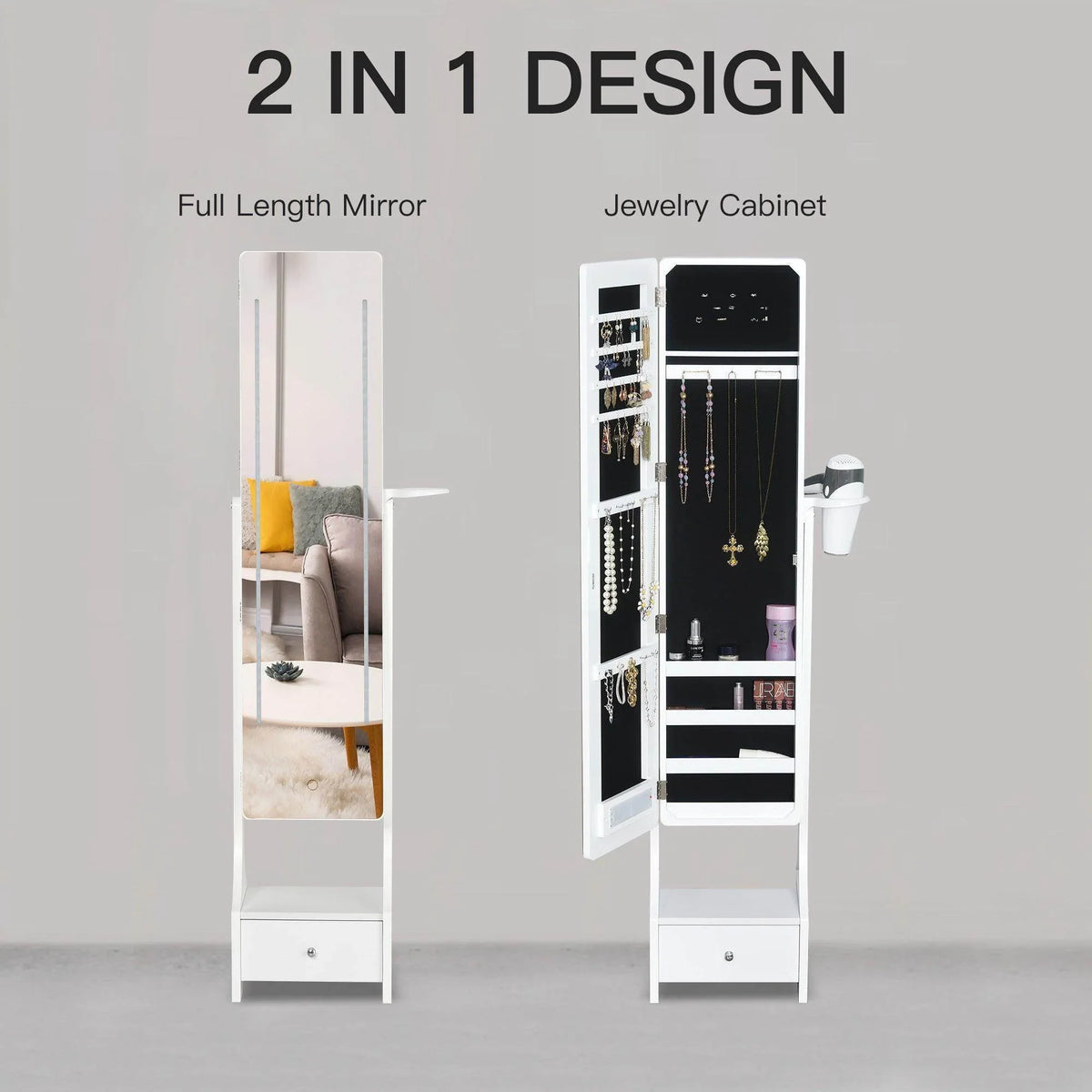 White full-length mirror armoire with jewelry cabinet layout and lower drawer