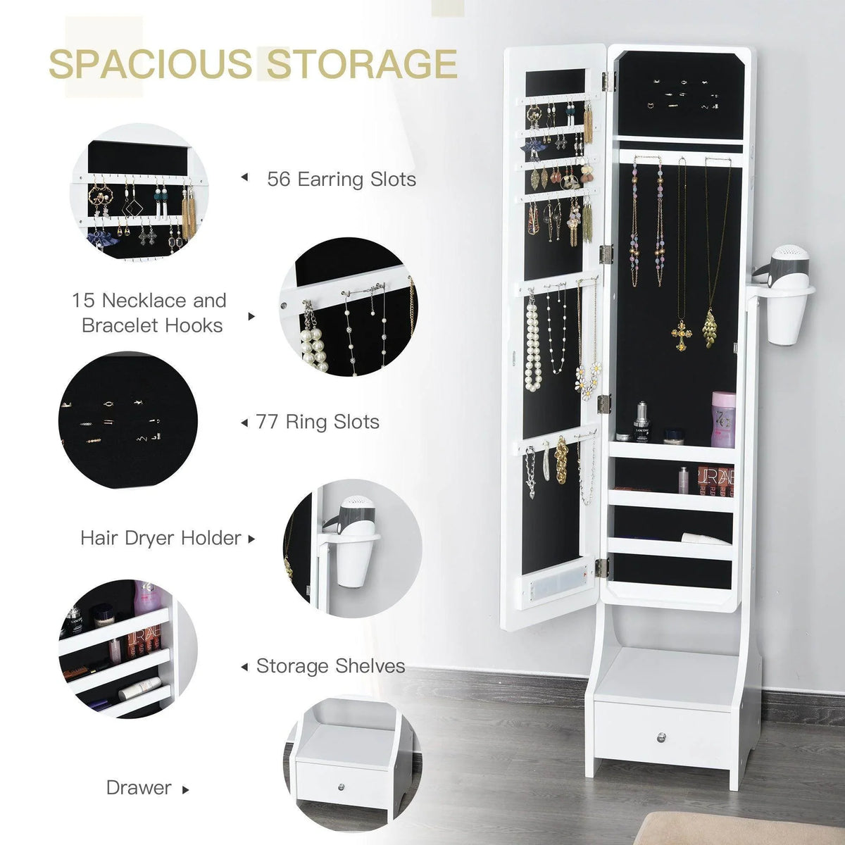 White jewelry mirror armoire with earring hooks, ring slots, shelves, and drawer