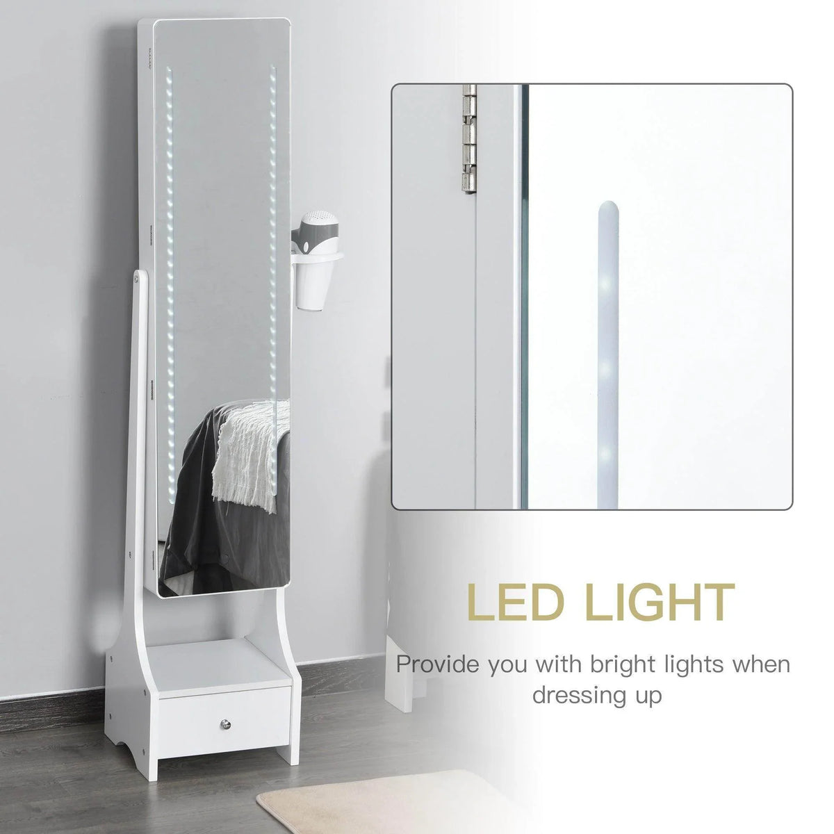White mirror armoire with LED light strip and side accessory holder, full-length