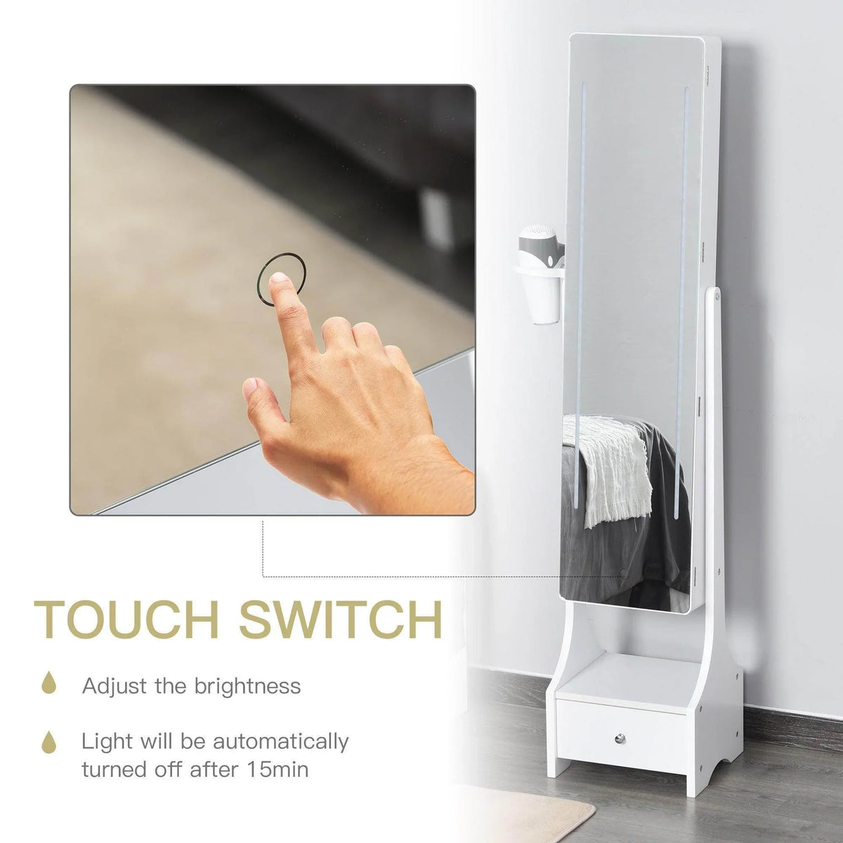 White mirror armoire with touch switch, auto-bright LED, and side accessory holder