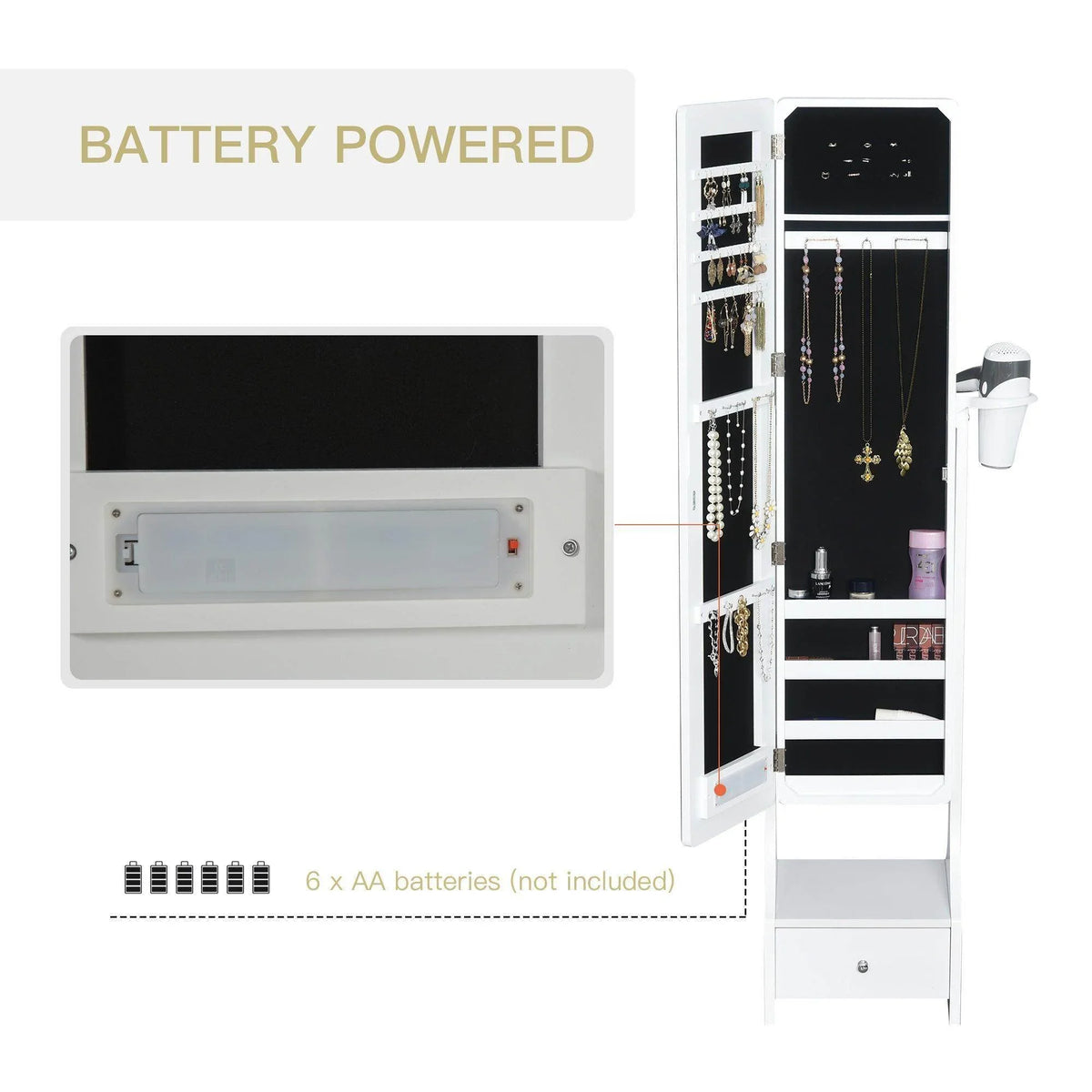 White mirror jewelry armoire with battery-powered LED control panel and open storage