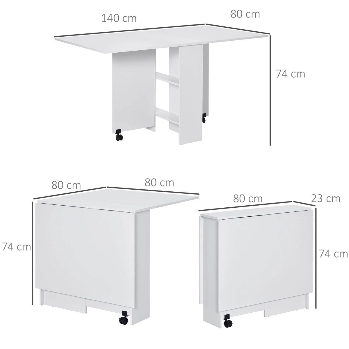 White folding kitchen table on wheels, with two side compartments and central shelf