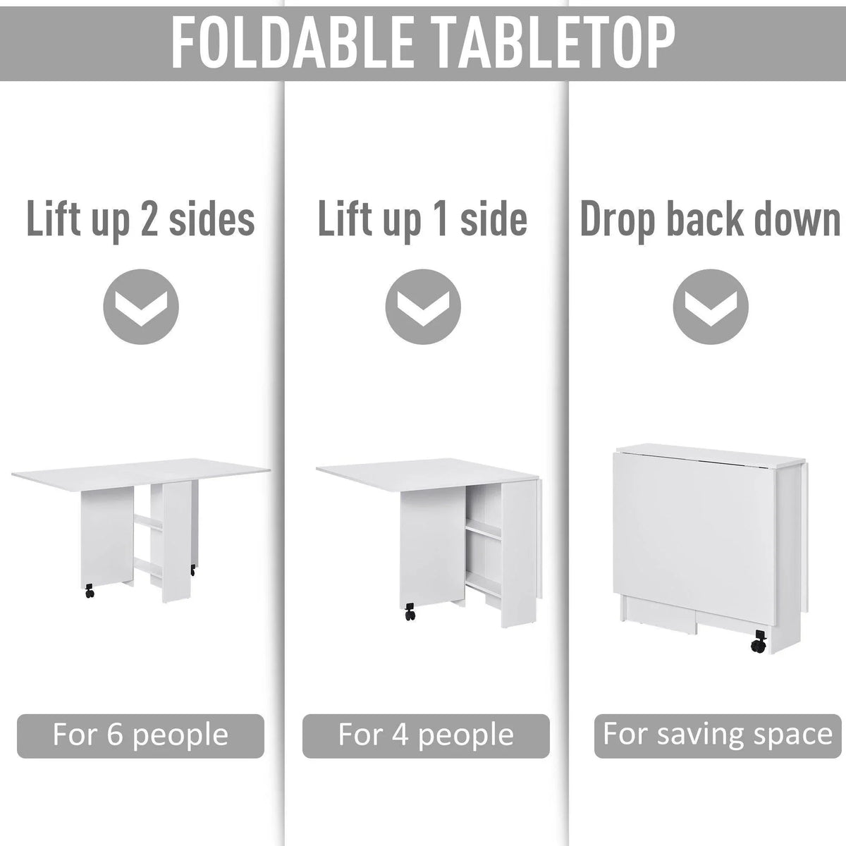 White foldable tabletop with lift panels and open storage compartments on wheels