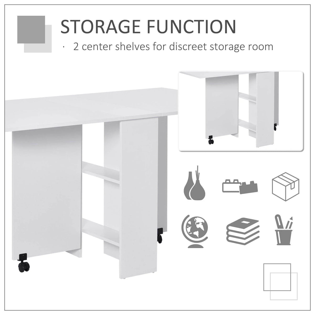 White kitchen storage folding table with two center shelves and wheeled base