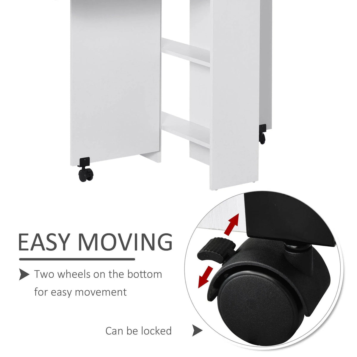 White folding table with locking caster wheels and open shelf space underneath