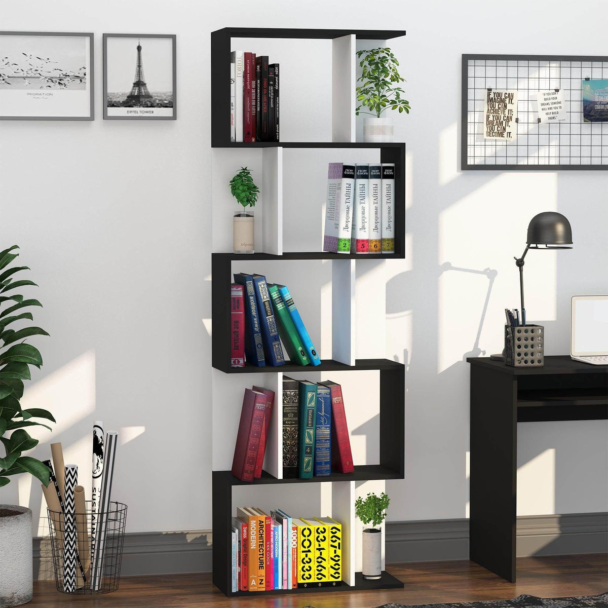 Modern 5-tier bookcase with open shelves, black frame and white back panels.