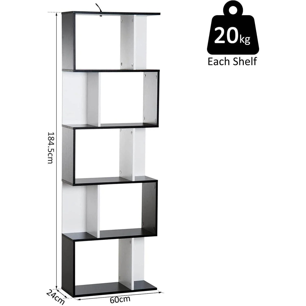 5-tier open bookcase with black side frames and white shelving compartments, front view.