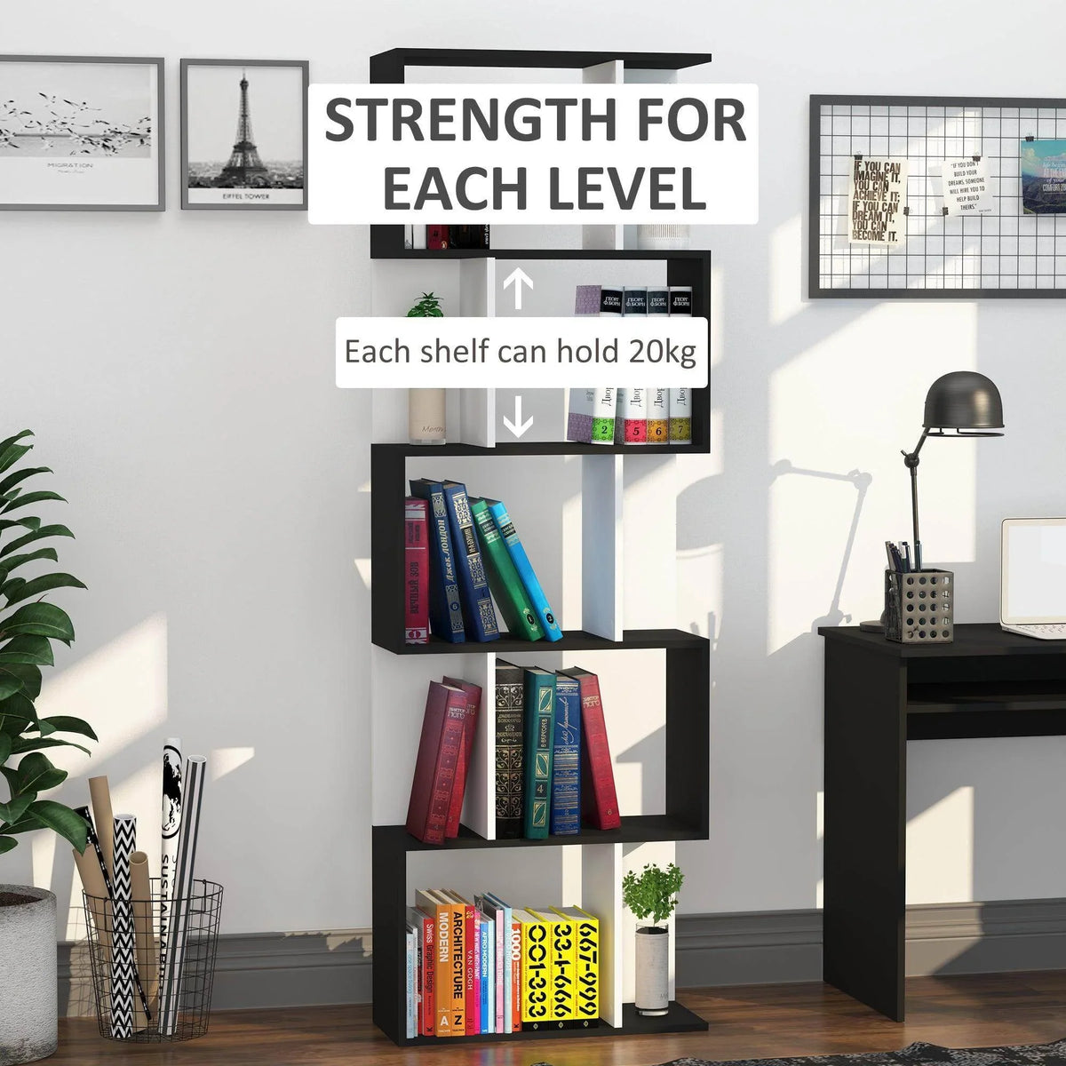 Black-and-white 5-tier bookcase with open cubby shelves for books and decor.
