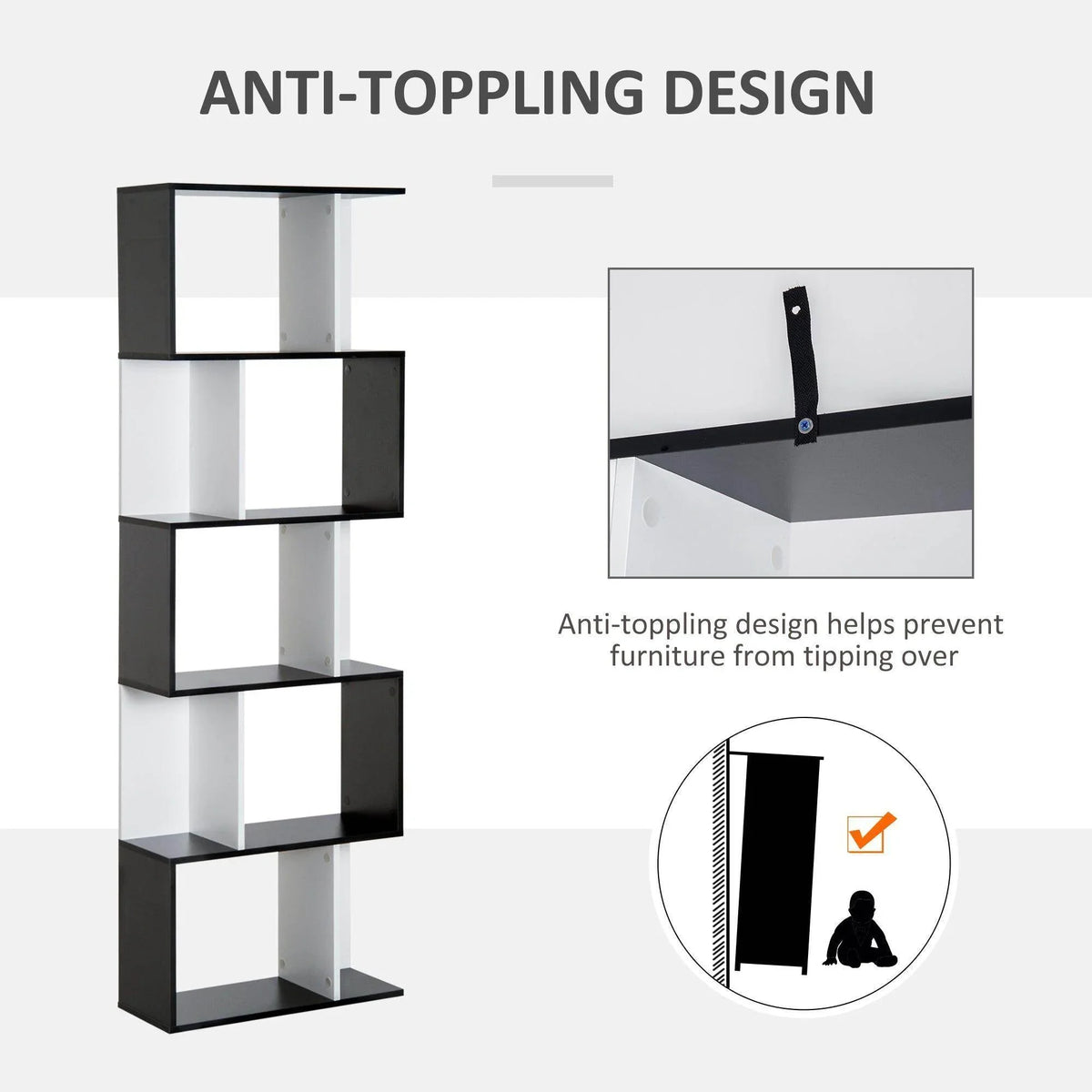 5-tier anti-tip bookcase with black and white open cubbies and sturdy top frame.