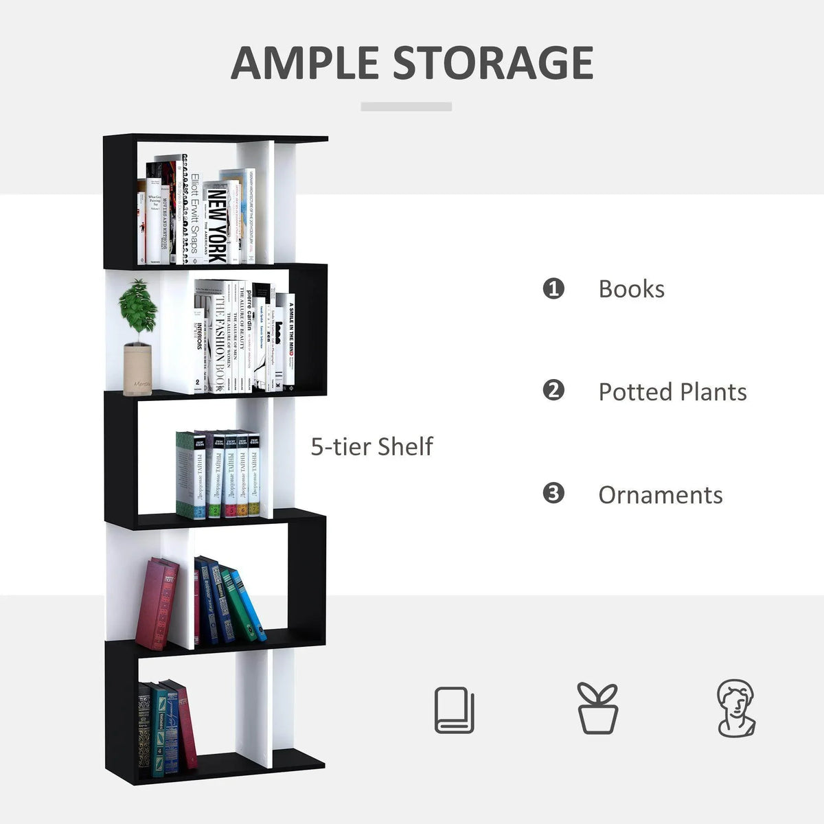 Open 5-tier storage bookcase with black shelves and white inner panels for books.