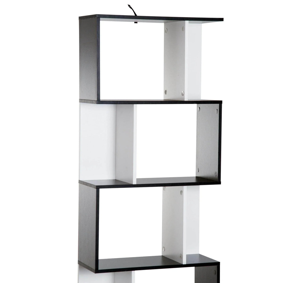 Rectangular black-and-white bookcase frame with four open shelving compartments and base.