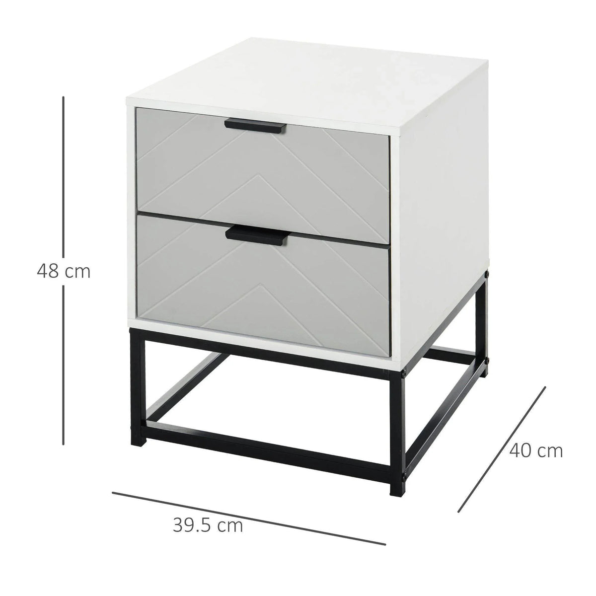 White bedside cabinet with two drawers, black metal frame base, front view