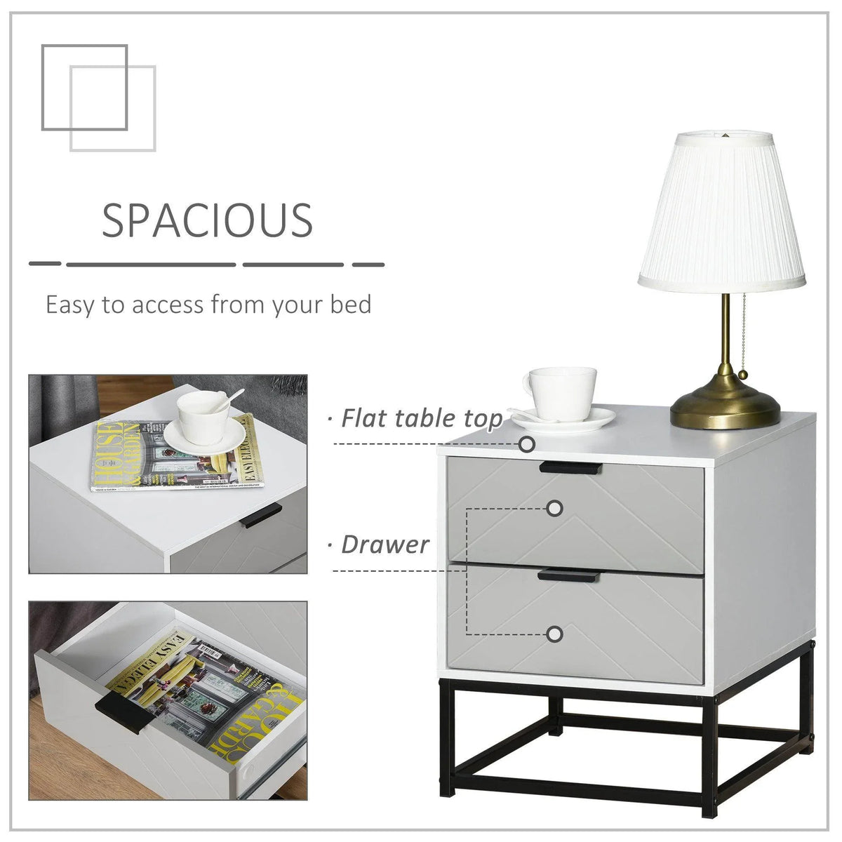 White bedside cabinet featuring two drawers and black metal base, shown with table-top styling