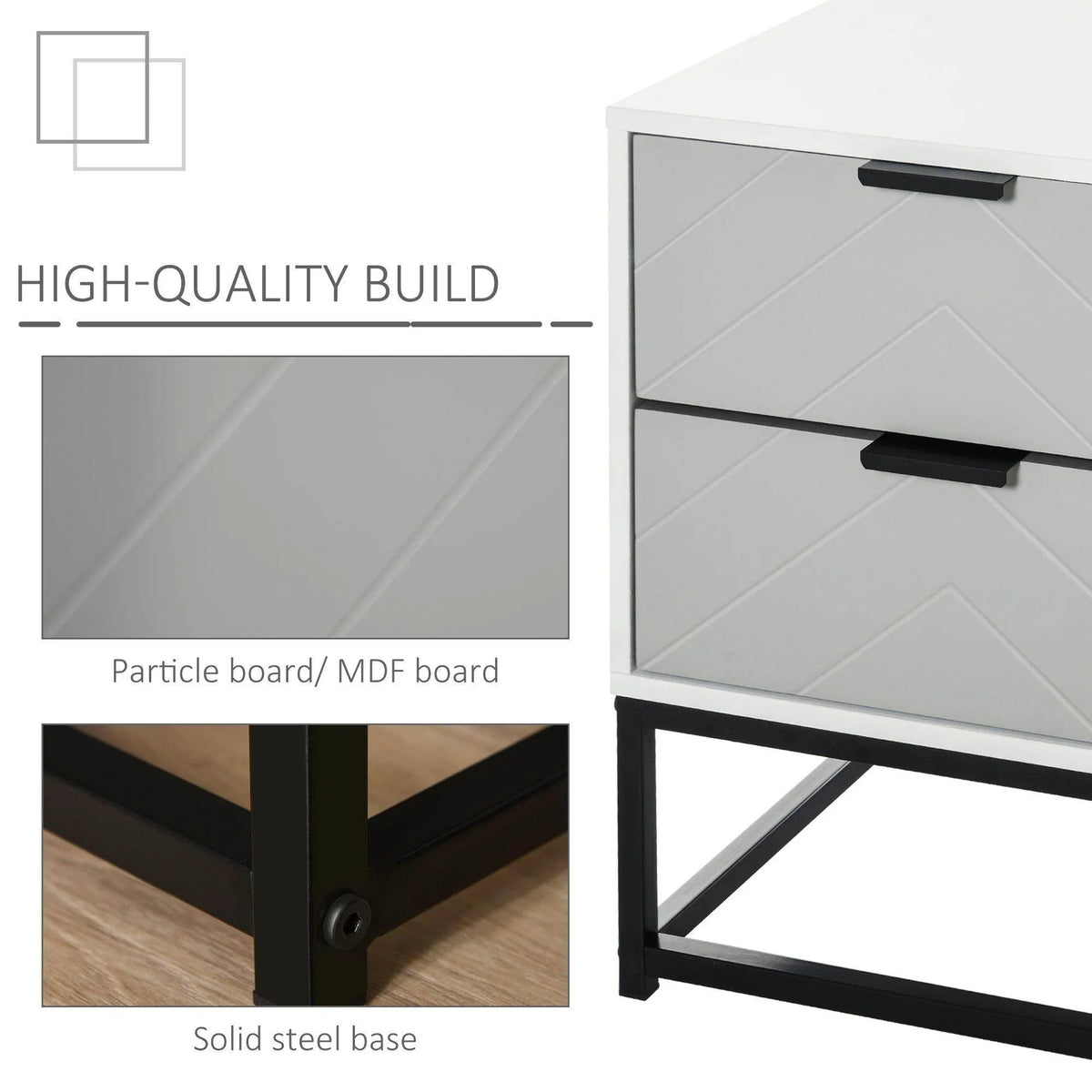 White bedside cabinet close-up showing two drawer fronts and black solid steel base