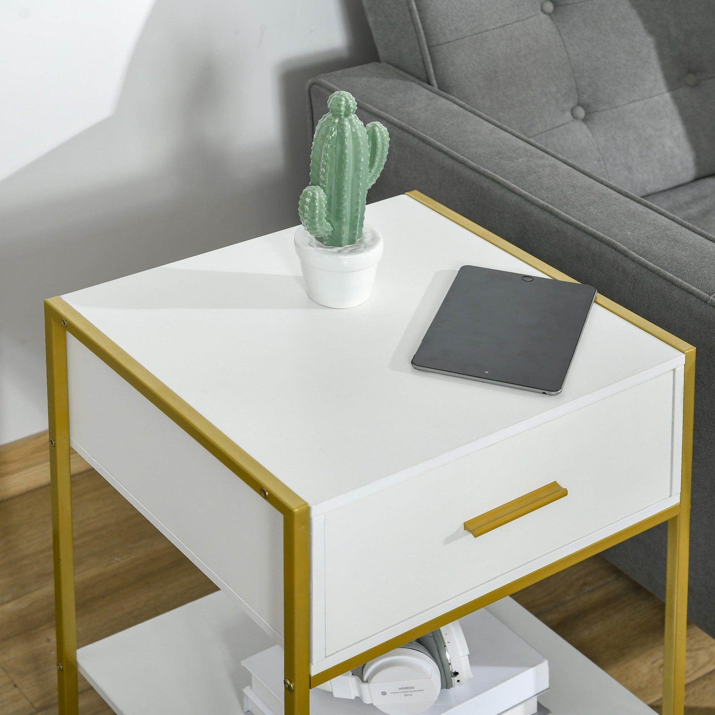 HOMCOM Modern White & Gold Bedside Table with Drawer – Bedroom Storage - ALL4U RETAILER LTD