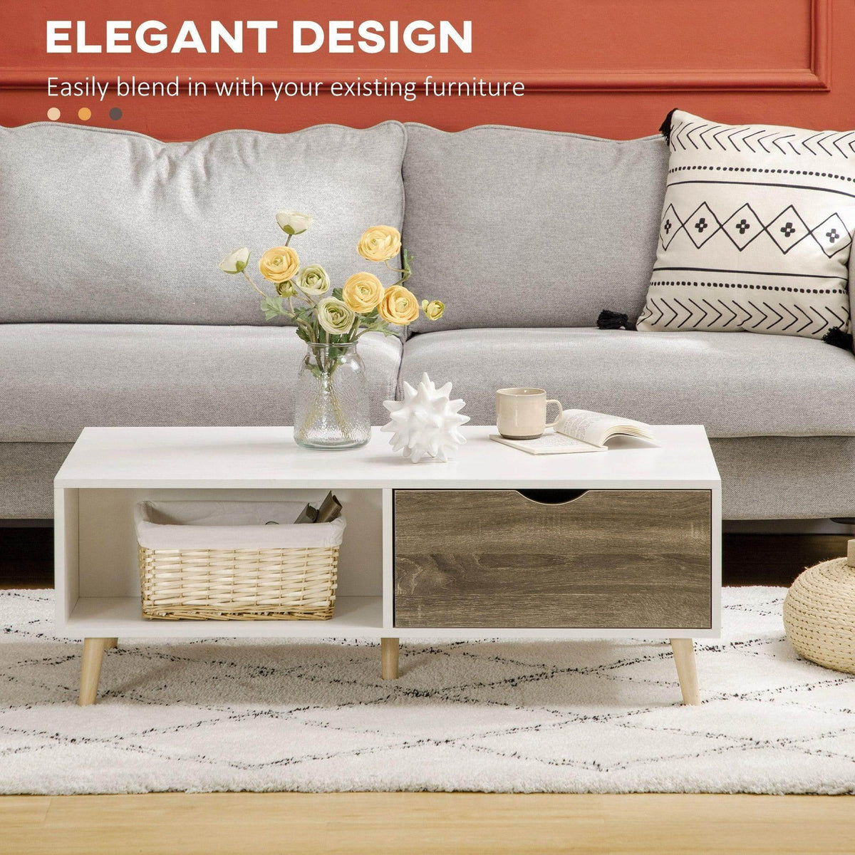 White coffee table with open storage shelf and dark drawer, tapered wooden legs