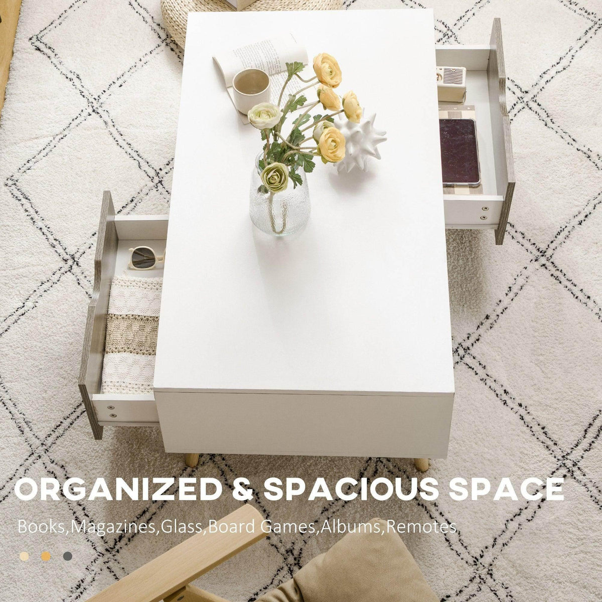 Coffee table with open side storage compartments and drawer, white top and dark panels