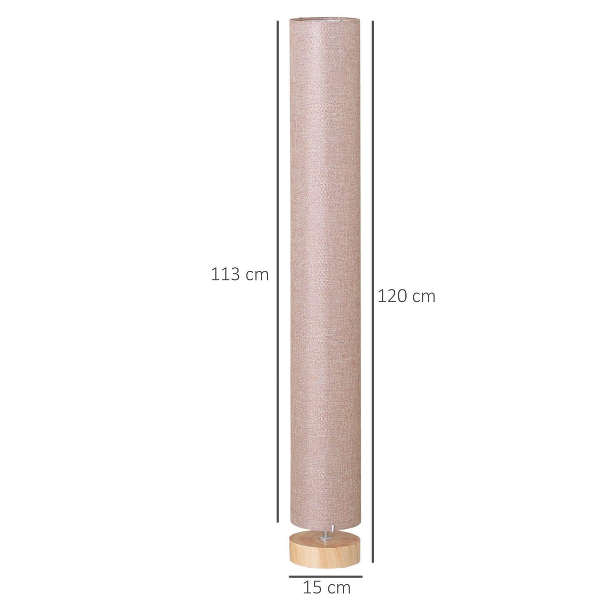 Beige linen drum shade floor lamp with wood base; height and width diagram