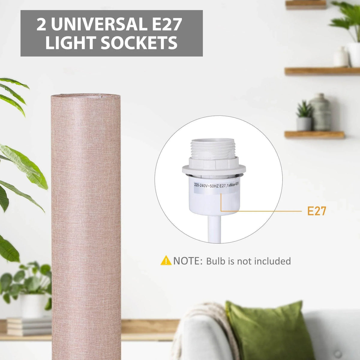 E27 light socket inside beige linen shade floor lamp; note: bulb not included