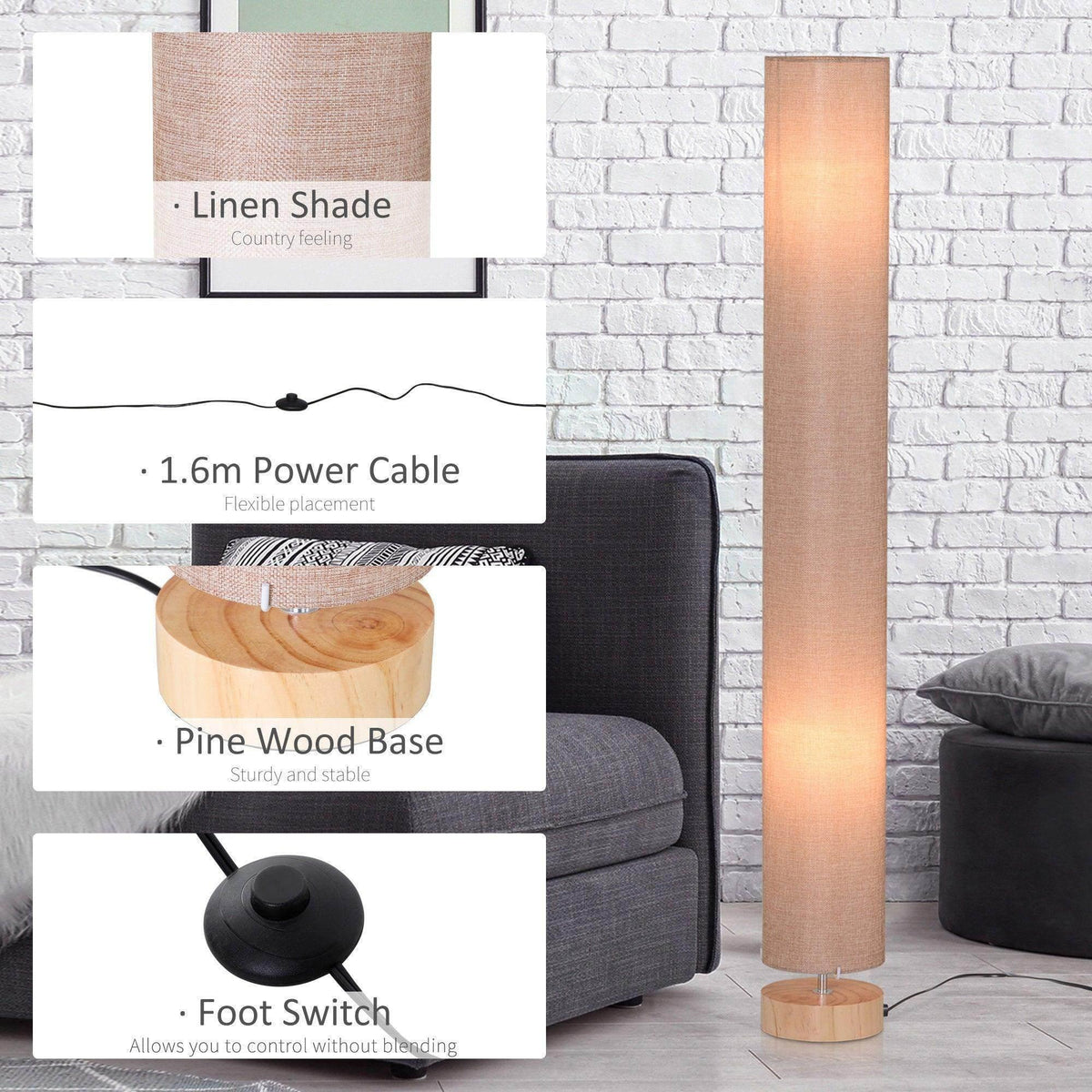 Linen shade floor lamp with pine wood base, power cable, and foot switch