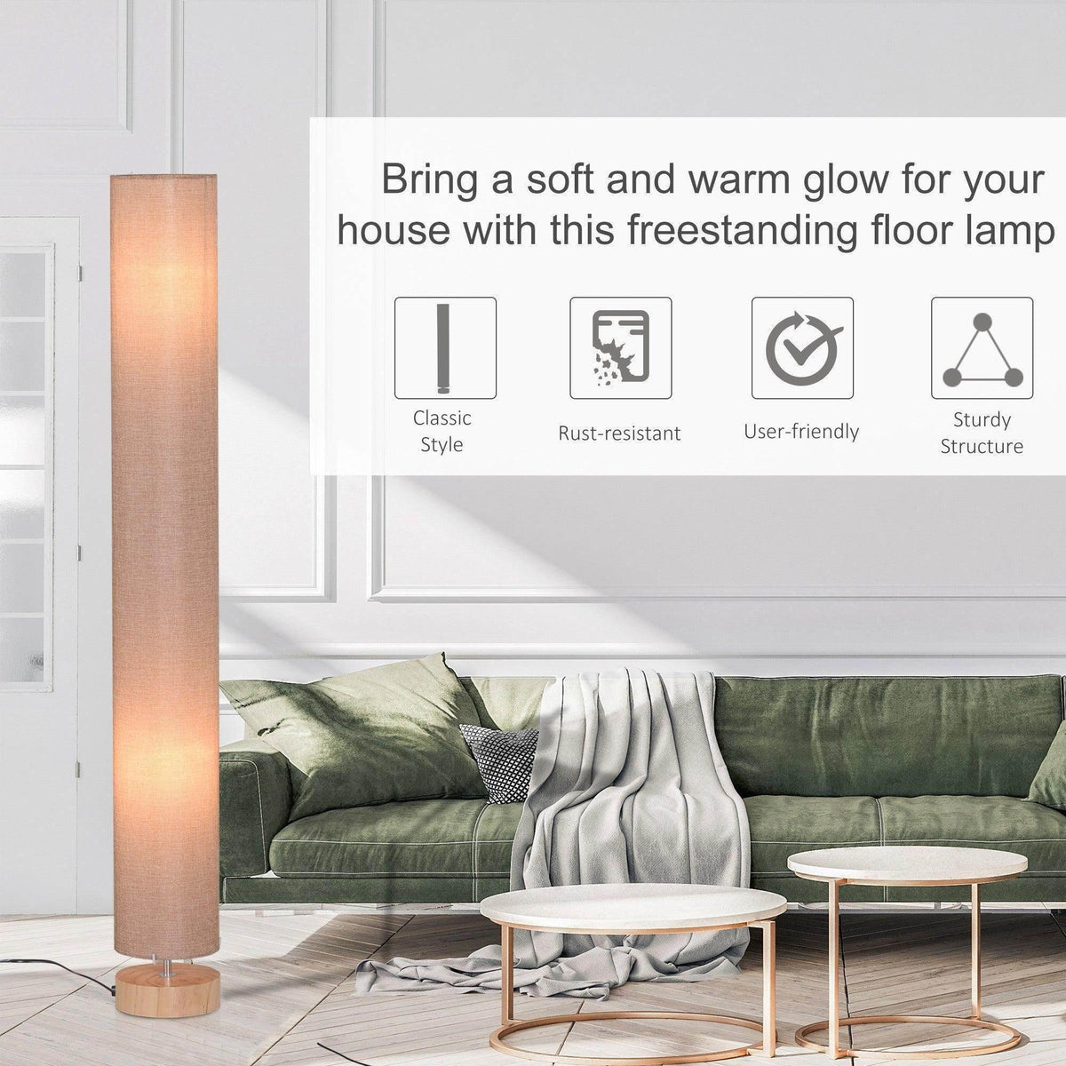 Freestanding modern floor lamp with tall linen shade glowing softly