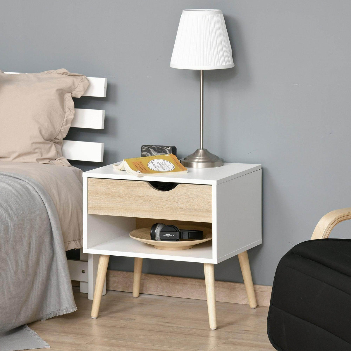 Modern bedside table with drawer and open shelf, white body, light wood drawer, cut-out handle