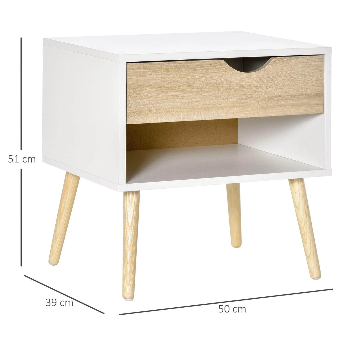 White nightstand with light wood drawer front and open shelf, tapered wooden legs