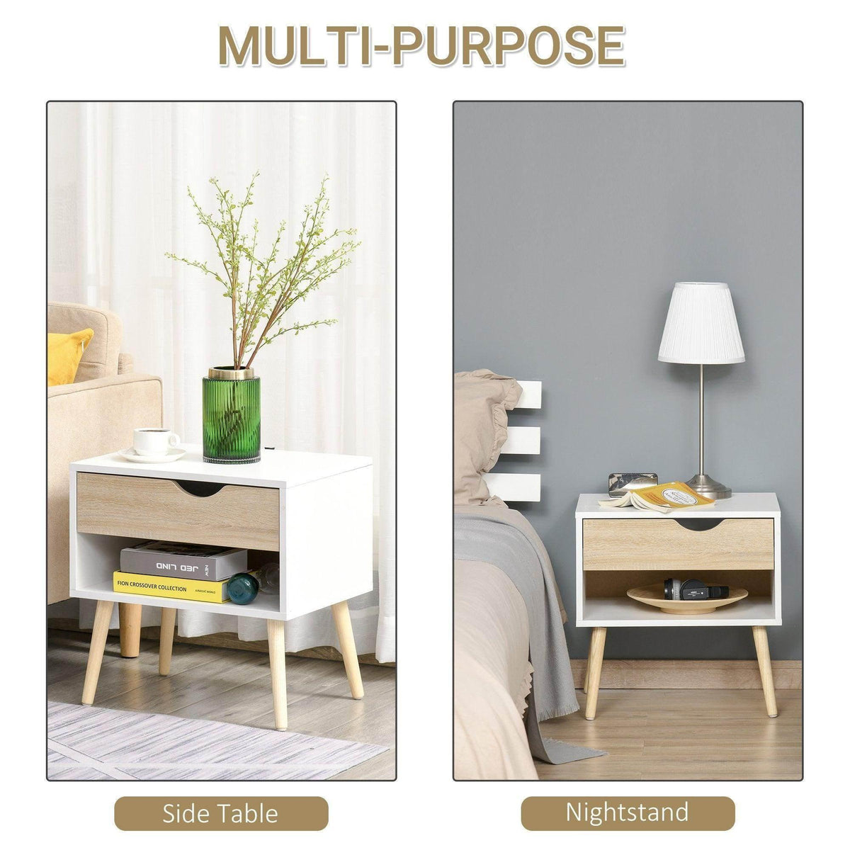 Nightstand with open shelf and drawer, white frame with light wood front