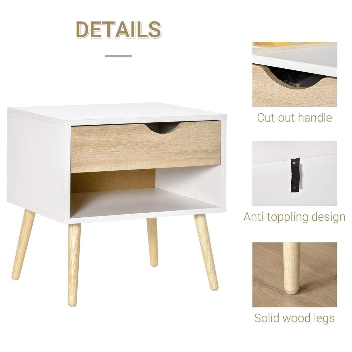 Nightstand details: cut-out handle, anti-tipping design, and solid wood tapered legs