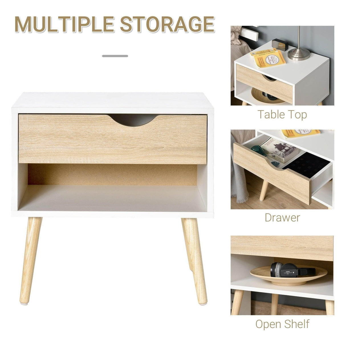 Nightstand with multiple storage: drawer with cut-out handle and open shelf, light wood front