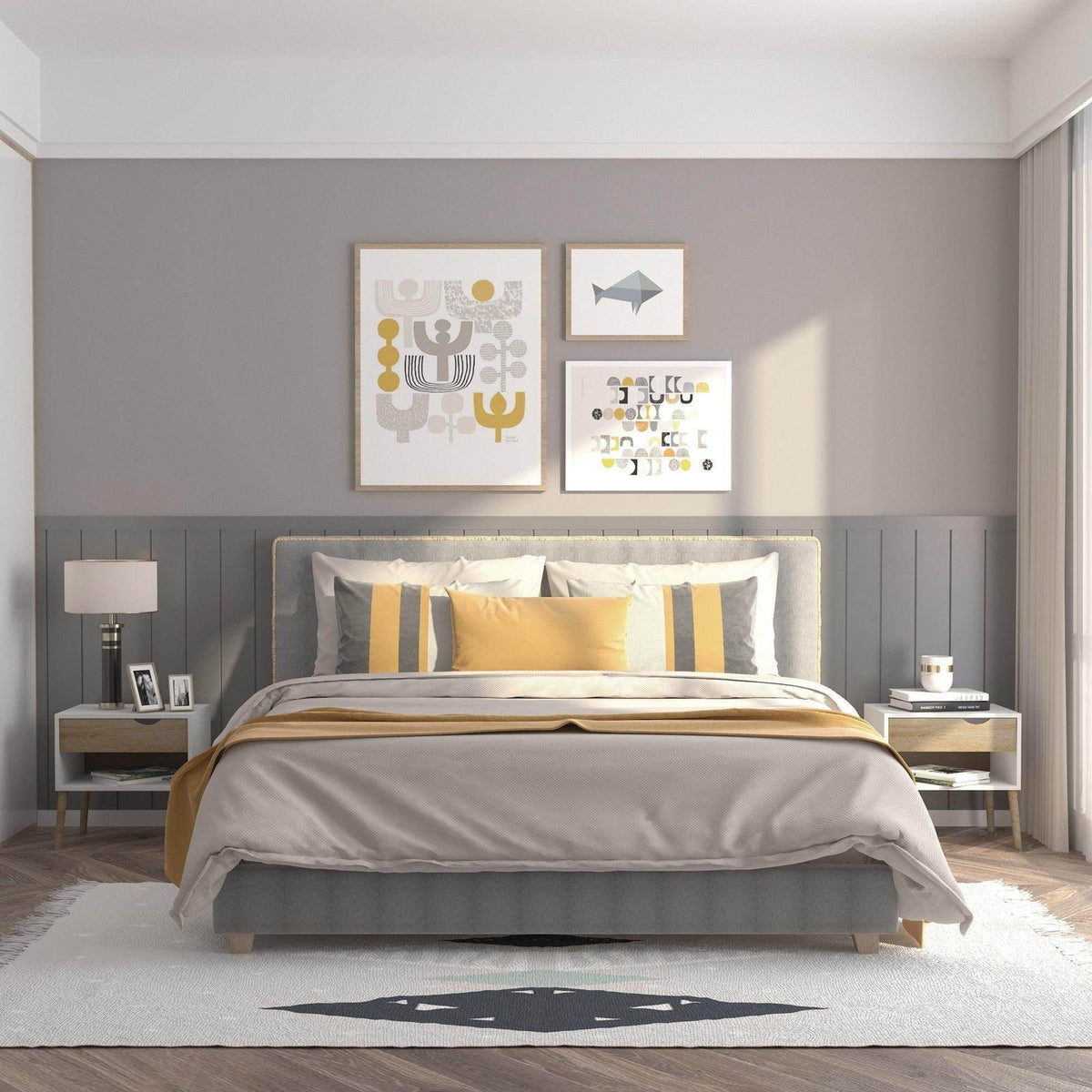 Modern nightstand with drawer and open shelf beside bed, white body and light wood