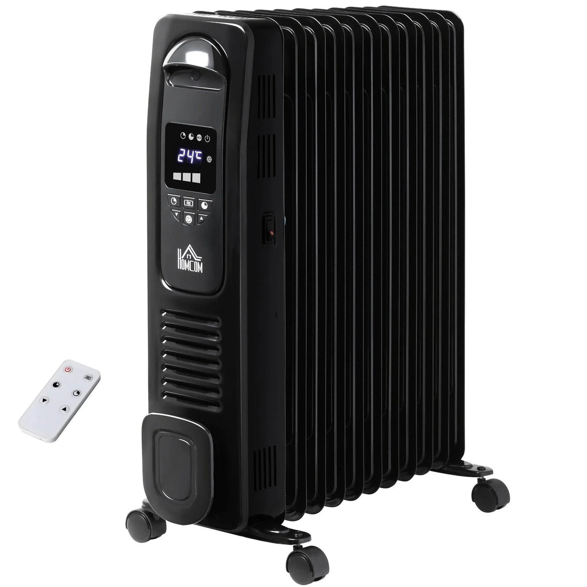 Black oil-filled radiator heater with side control panel and four rolling caster wheels