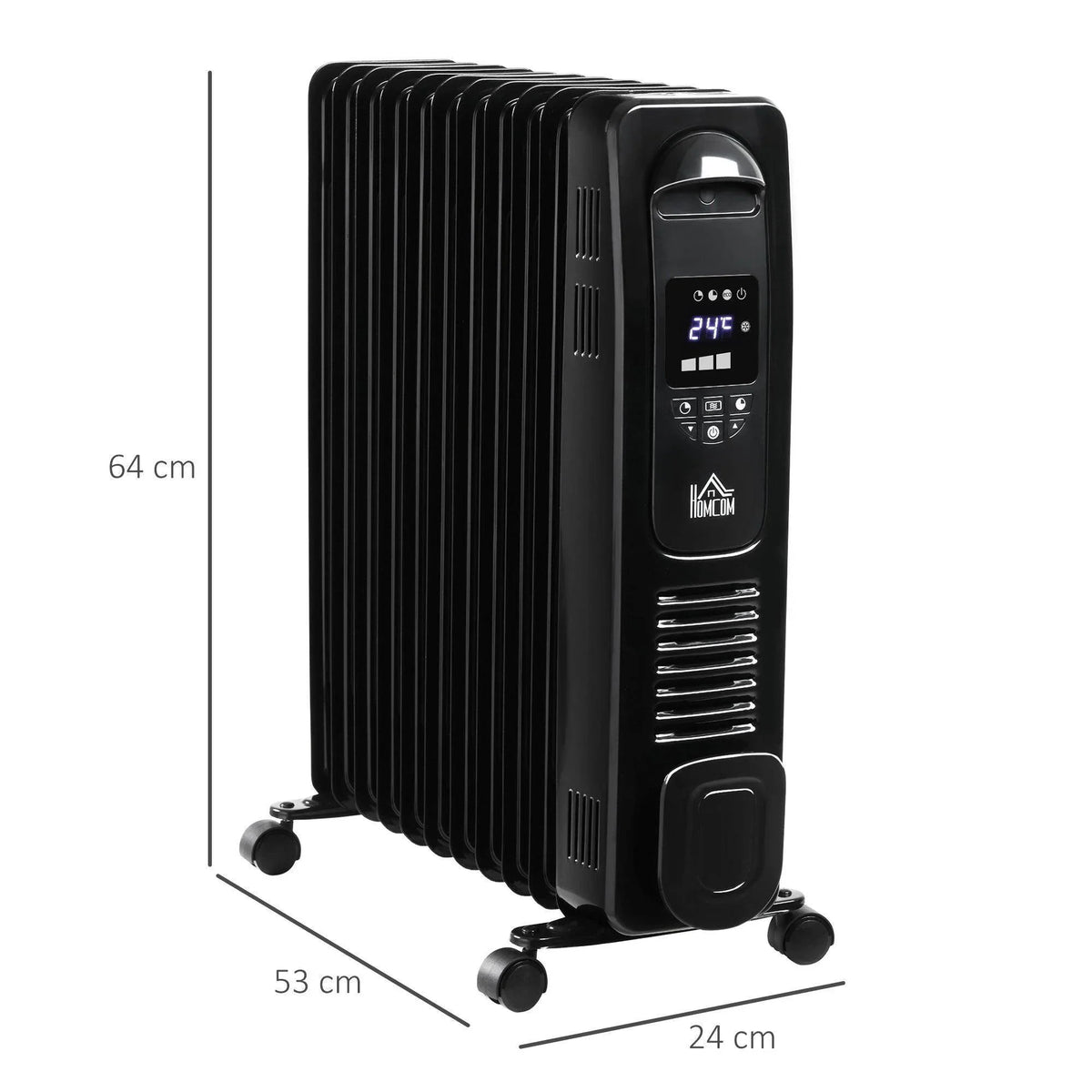 Compact black oil-filled radiator heater shown with dimensions and caster wheels