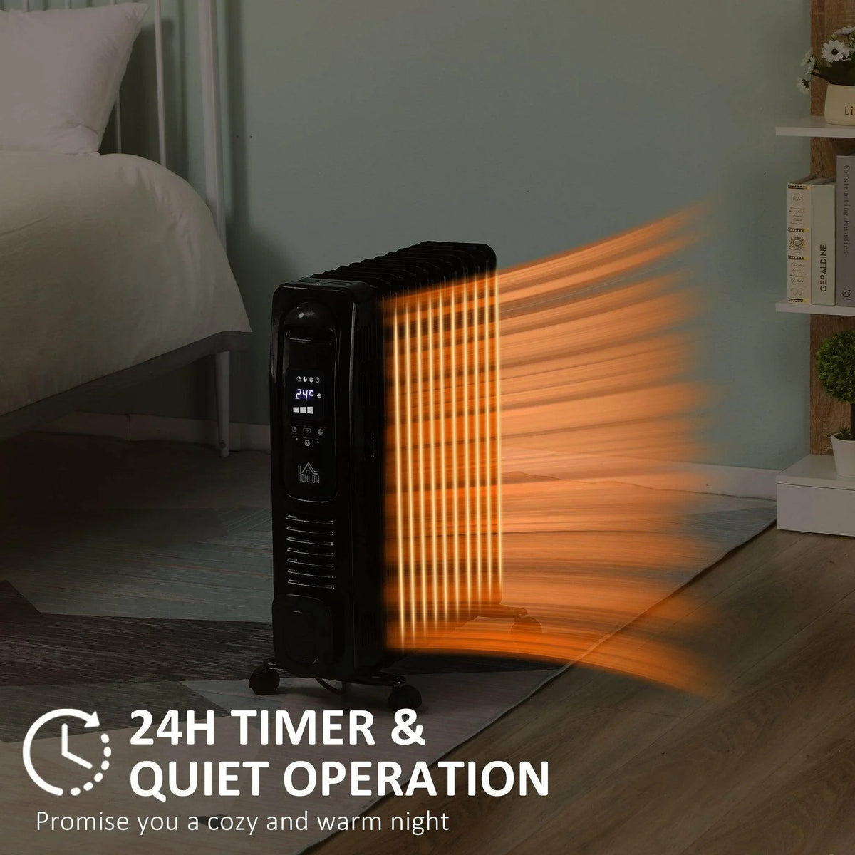Black oil-filled radiator heater emitting visible warm heat from front grille