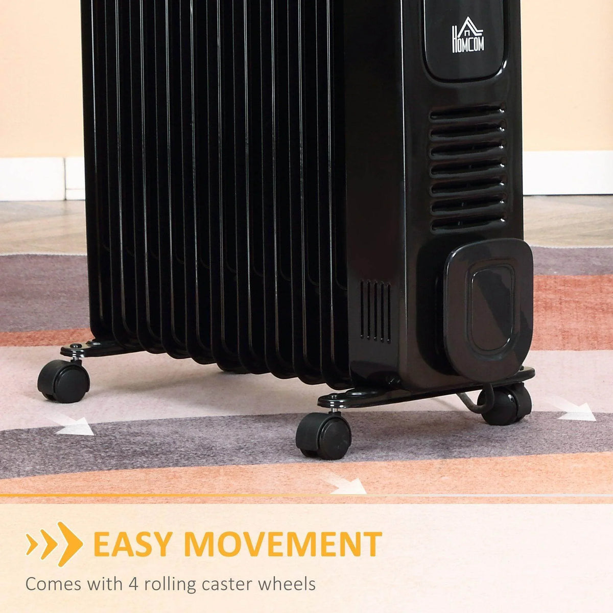 Black oil-filled radiator heater with large front knob and rolling caster wheels