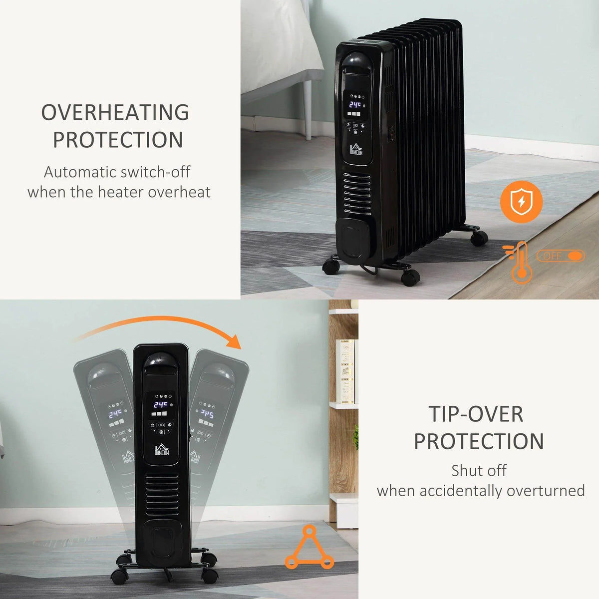 Black oil-filled radiator heater with safety switch-off design and tip-over protection