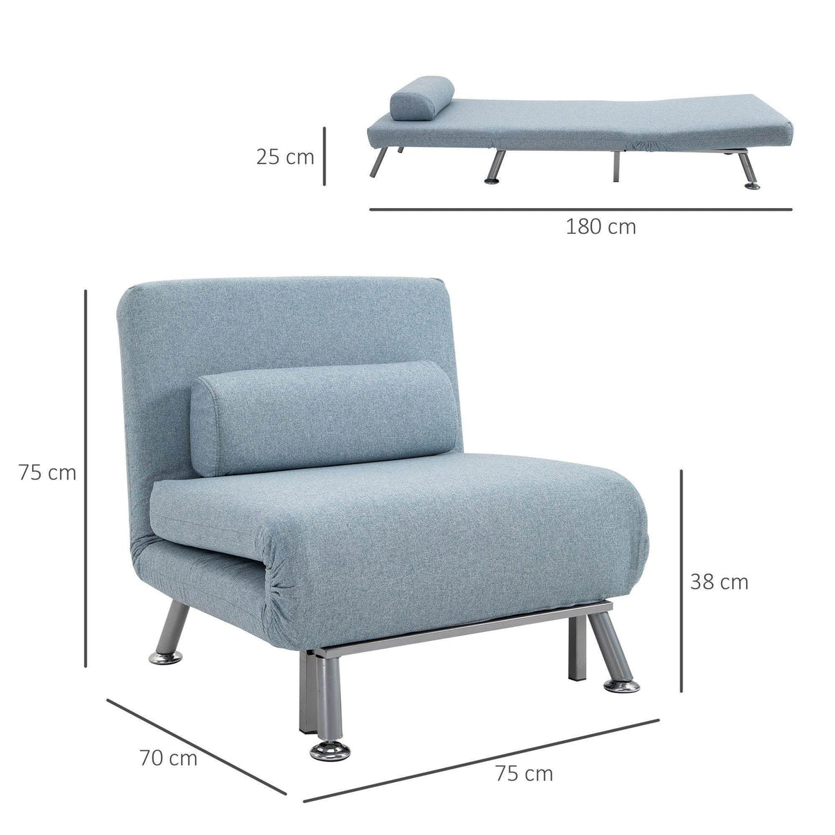 Blue sofa bed convertible sofa and sleeper with metal legs, 180 cm length.