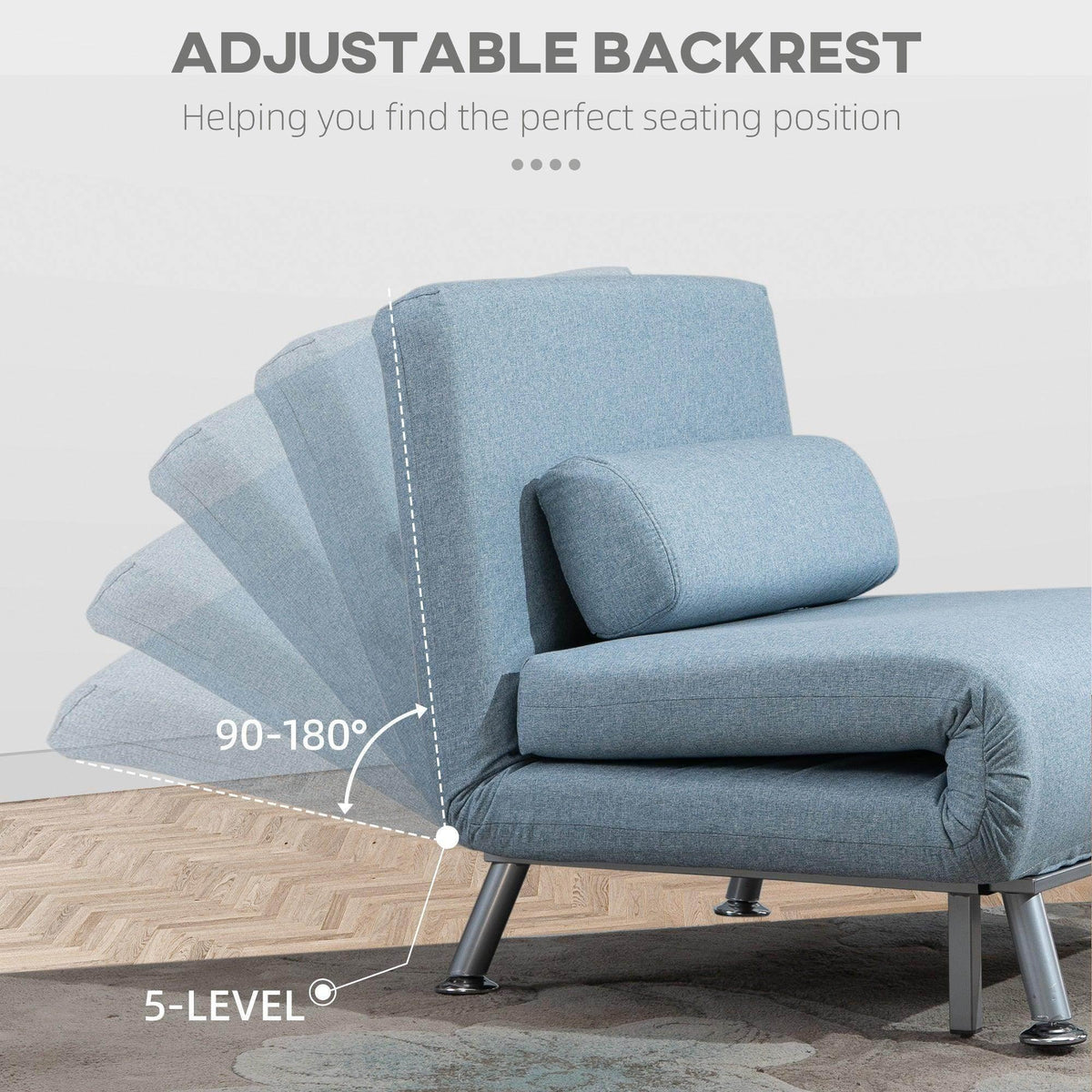 Blue sofa bed with adjustable backrest, padded headrest, fabric upholstery.