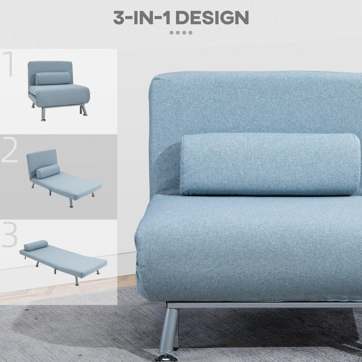Blue sofa bed with thick padded seat and rolled armrest, metal legs.