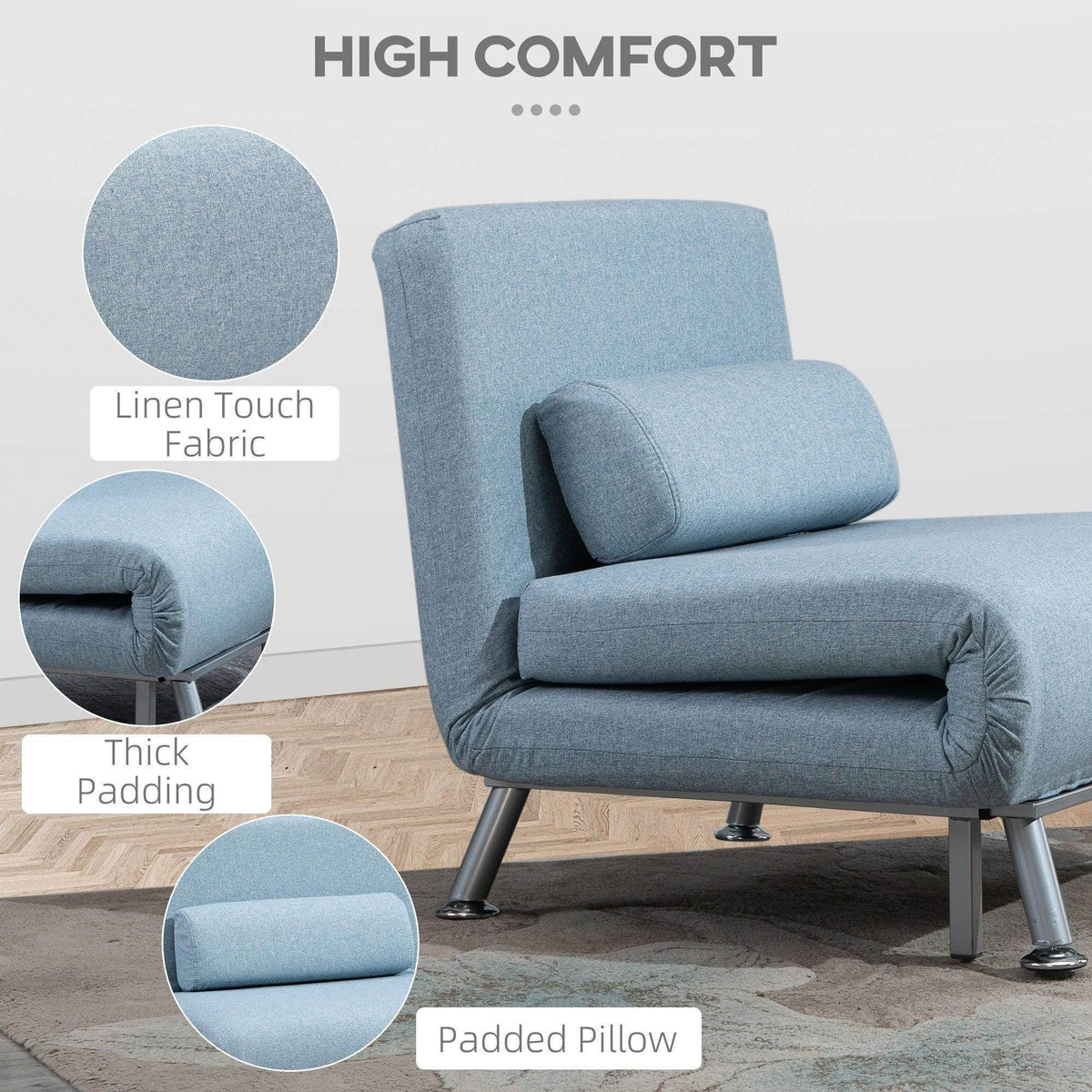 Blue sofa bed with padded pillow, linen-touch fabric, thick cushioning.