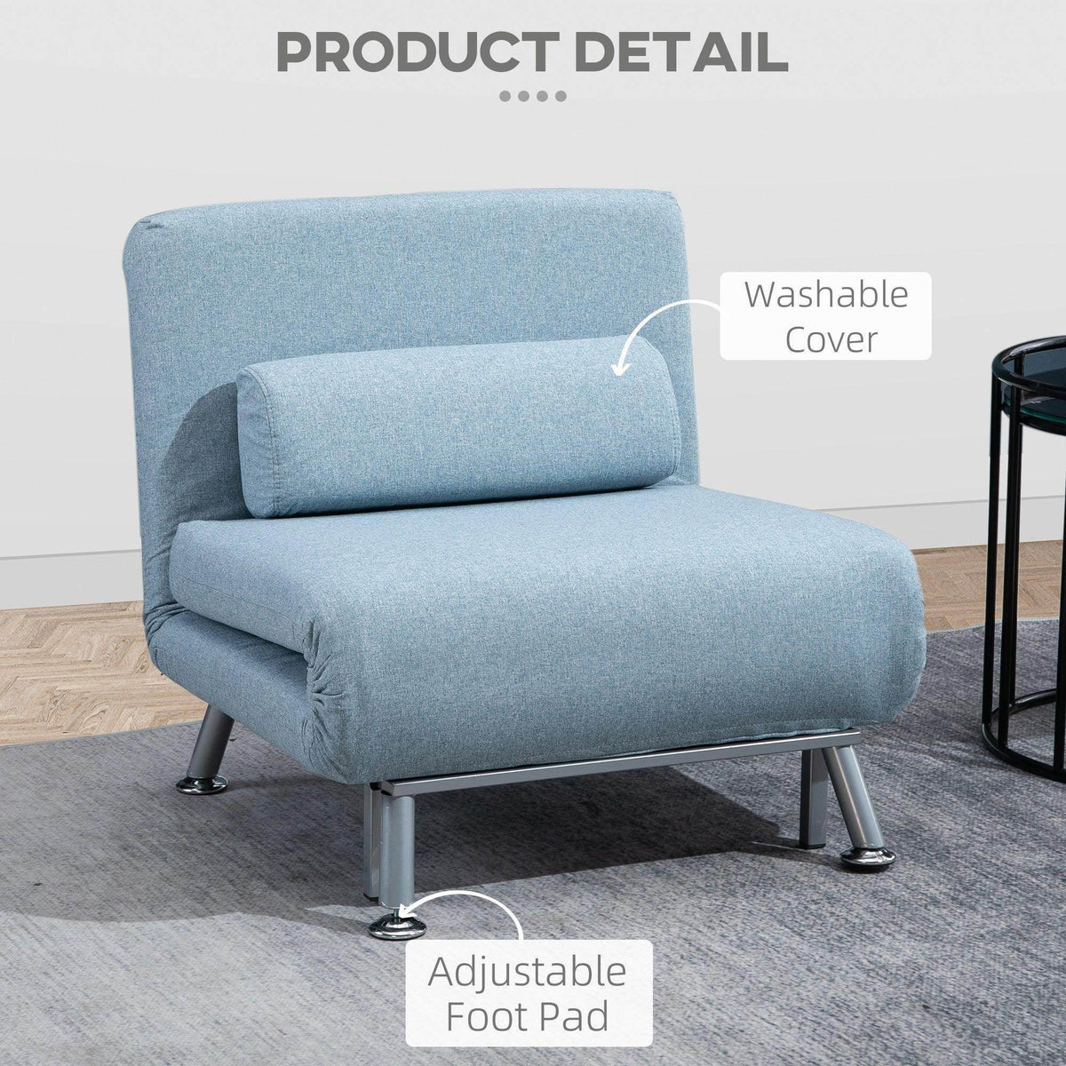 Blue sofa bed with padded back and seat, washable cover, adjustable foot pads.