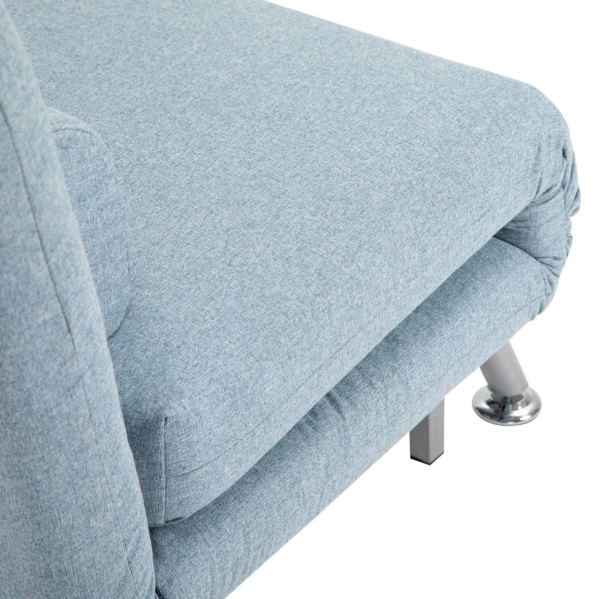 Blue upholstered sofa bed with textured fabric and ruched armrest detail.